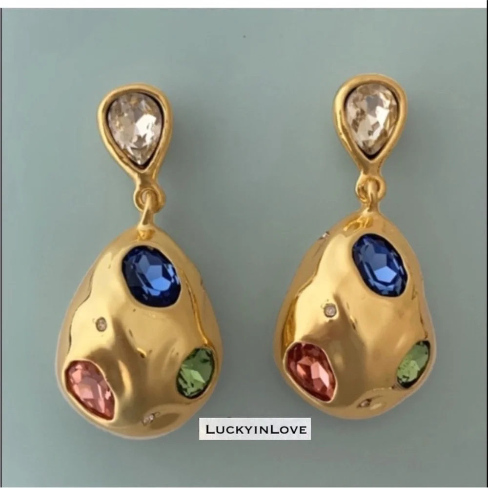 ALEXIS BITTAR • Puffy Crystal Blue Rose Green Gold Molten Drop Earrings